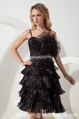 Spaghetti Straps Pleated Lil Black Dress with Beading and Flowers