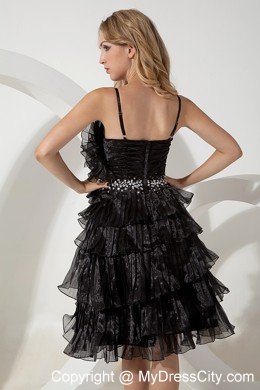 Spaghetti Straps Pleated Lil Black Dress with Beading and Flowers