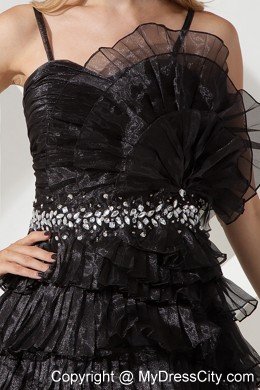 Spaghetti Straps Pleated Lil Black Dress with Beading and Flowers