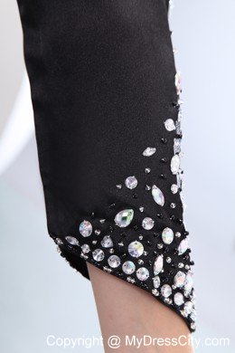 Short Beaded One Long Sleeve Black Party Dress with Flower