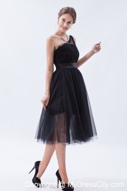 Tea-length A-line Princess Little Black Cocktail Dress with Belt