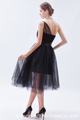 Tea-length A-line Princess Little Black Cocktail Dress with Belt