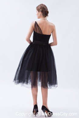 Tea-length A-line Princess Little Black Cocktail Dress with Belt