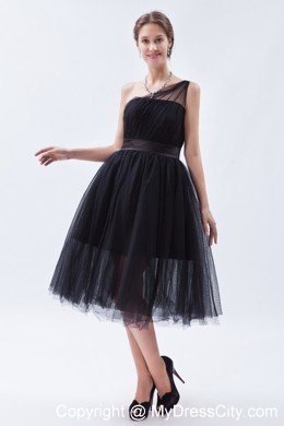 Tea-length A-line Princess Little Black Cocktail Dress with Belt