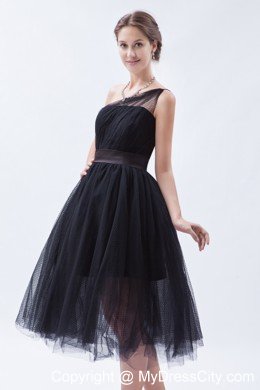 Tea-length A-line Princess Little Black Cocktail Dress with Belt