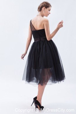 Tea-length A-line Princess Little Black Cocktail Dress with Belt