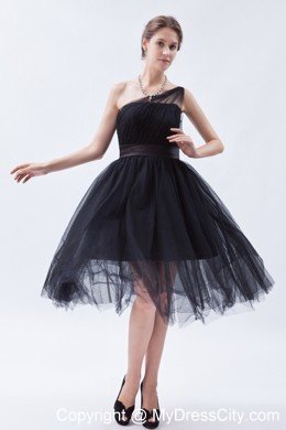 Tea-length A-line Princess Little Black Cocktail Dress with Belt