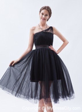 Tea-length A-line Princess Little Black Cocktail Dress with Belt