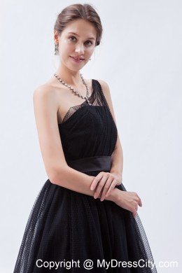 Tea-length A-line Princess Little Black Cocktail Dress with Belt