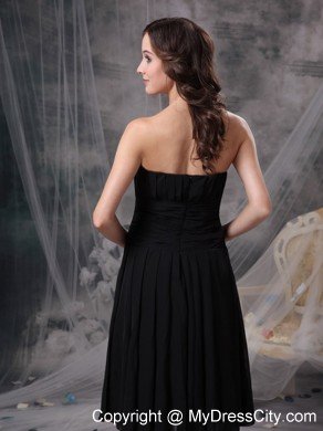 Hot Ruched Strapless Tea-length Black Evening Dresses