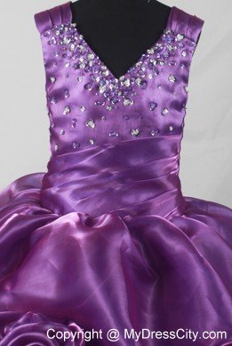 Hand Made Flowers Purple Beaded Straps Girl Pageant Dresses