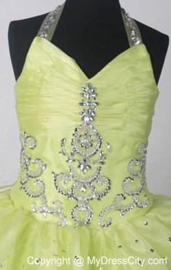 Halter Yellow Green Little Girl Pageant Dresses Beaded Ruffles