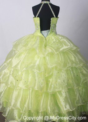 Halter Yellow Green Little Girl Pageant Dresses Beaded Ruffles