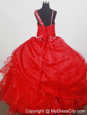 Straps Beading Ball Gown Ruffled Red Little Girl Pageant Dress