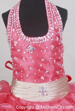 Halter Watermelon Girls Pageant Dress with Beadings and Ruffles