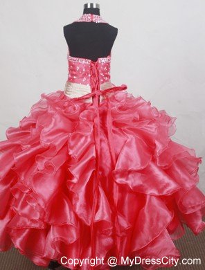 Halter Watermelon Girls Pageant Dress with Beadings and Ruffles