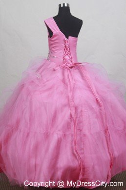 One Shoulder Pink Beaded Little Girl Pageant Dress under 150