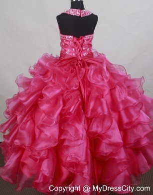 Halter Ruffled Layers Pink Flower Girl Pageant Dress with Beads