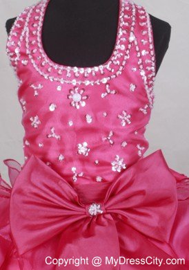 Halter Ruffled Layers Pink Flower Girl Pageant Dress with Beads