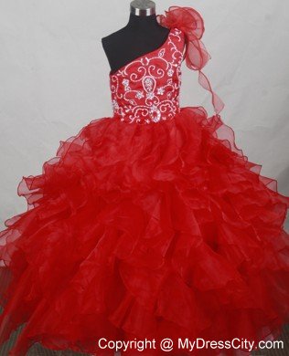 Red One Shoulder Embroidery Little Girl Pageant Dress Ruffled