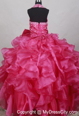 Fushsia Halter Beaded Bowknot Ruffled Flower Girl Pageant Dress