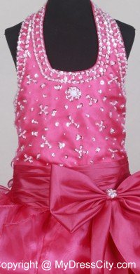 Fushsia Halter Beaded Bowknot Ruffled Flower Girl Pageant Dress