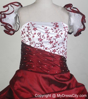 Red and White Flower Girl Pageant Dress with Sleeves Embroidery