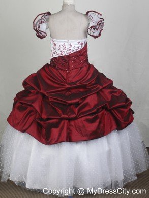 Red and White Flower Girl Pageant Dress with Sleeves Embroidery