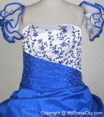 Embroidery Blue and White Pageant Dress with Ruffled Sleeves