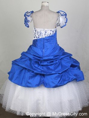 Embroidery Blue and White Pageant Dress with Ruffled Sleeves