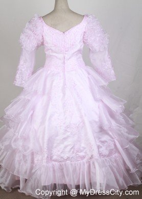 Baby Pink Ruffled Flower Girl Pageant Dress with Long Sleeves