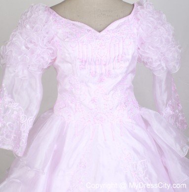 Baby Pink Ruffled Flower Girl Pageant Dress with Long Sleeves