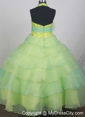 Halter Sequins Beads Apple Green Girls Pageant Dress with Sash