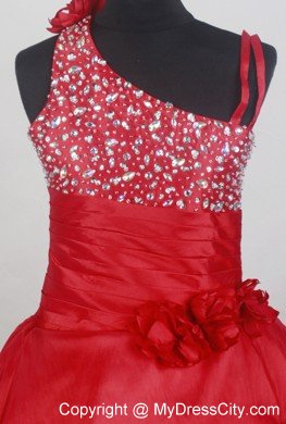 Puffy Beaded Asymmetrical Hand Flower Red Girls Pageant Dress