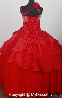 Puffy Beaded Asymmetrical Hand Flower Red Girls Pageant Dress