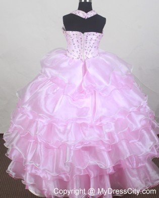 2013 Halter Beaded Baby Pink Flower Girl Pageant Dress Ruffled