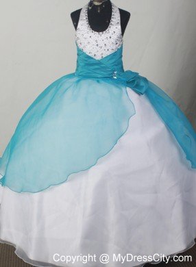 Teal and White Beaded Halter Beauty Pageants Dresses under 200