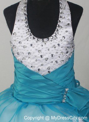 Teal and White Beaded Halter Beauty Pageants Dresses under 200