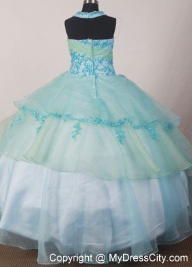 Appliques Halter Two-toned Flower Girl Pageant Dress Layered