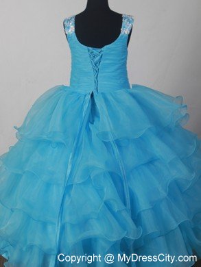 Light Blue Scoop Ruffled little girl Dress with Appliques 2013