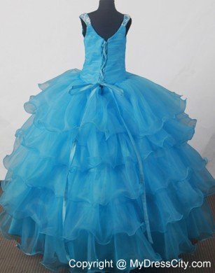 Light Blue Scoop Ruffled little girl Dress with Appliques 2013