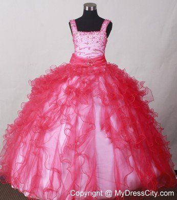 Coral Red Ruffled Straps Little Girl Pageant Dresses Beaded