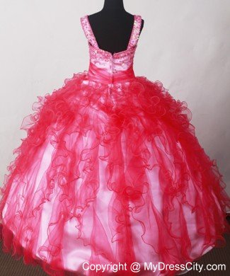 Coral Red Ruffled Straps Little Girl Pageant Dresses Beaded
