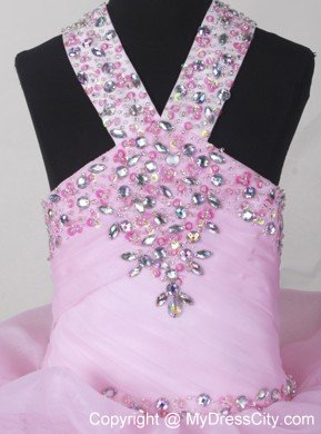 Baby Pink V-neck Beaded Little Girl Pageant Dress with Pick-ups