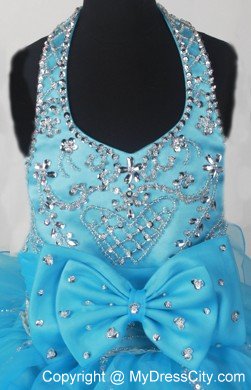 Aqua Blue Halter Beads Rufled Bowknot Little Girl Pageant Dress