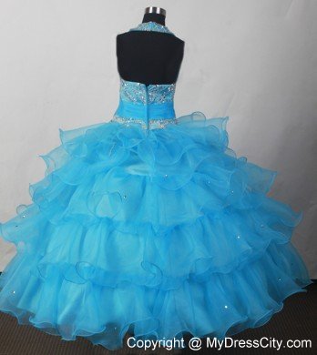 Aqua Blue Halter Beads Rufled Bowknot Little Girl Pageant Dress