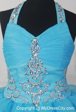 Halter Beading Layers Little Girl Pageant Dresses in Aqua Blue