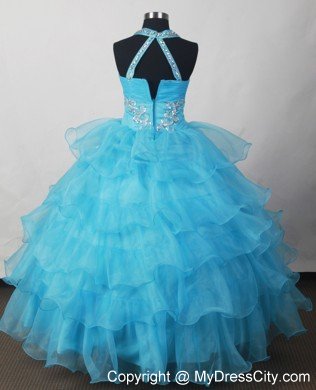 Halter Beading Layers Little Girl Pageant Dresses in Aqua Blue