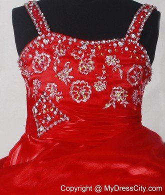 Wine Red Beaded Straps Embroidery Little Girl Pageant Dresses