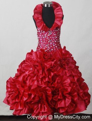 Lotus Neckline Little Girl Pageant Dress With Flowers Skirt in Red
